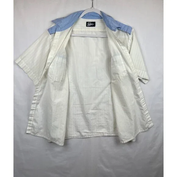Vintage Blair Shirt Mens Button Up SS Shoulder Tabs White Blue Pockets (Stained) - Picture 9 of 11